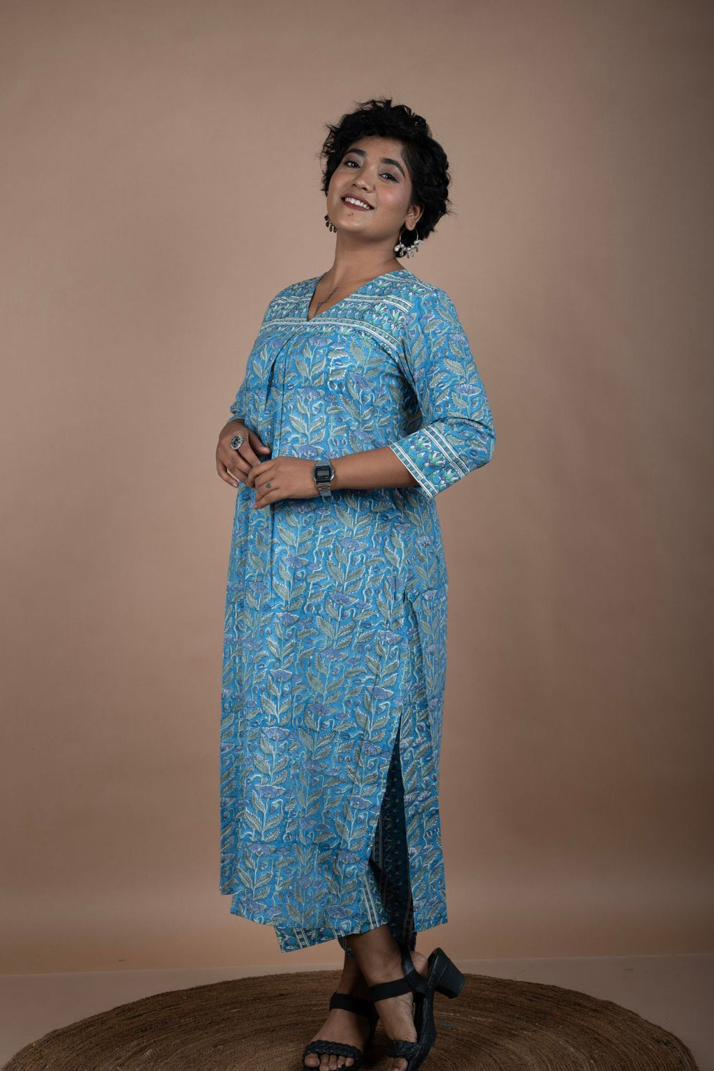 Blue & Green Cotton Block Printed Kurta & Pant Set