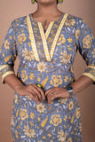 Grey & Yellow Cotton Floral Block Printed Kurta & Pant Set