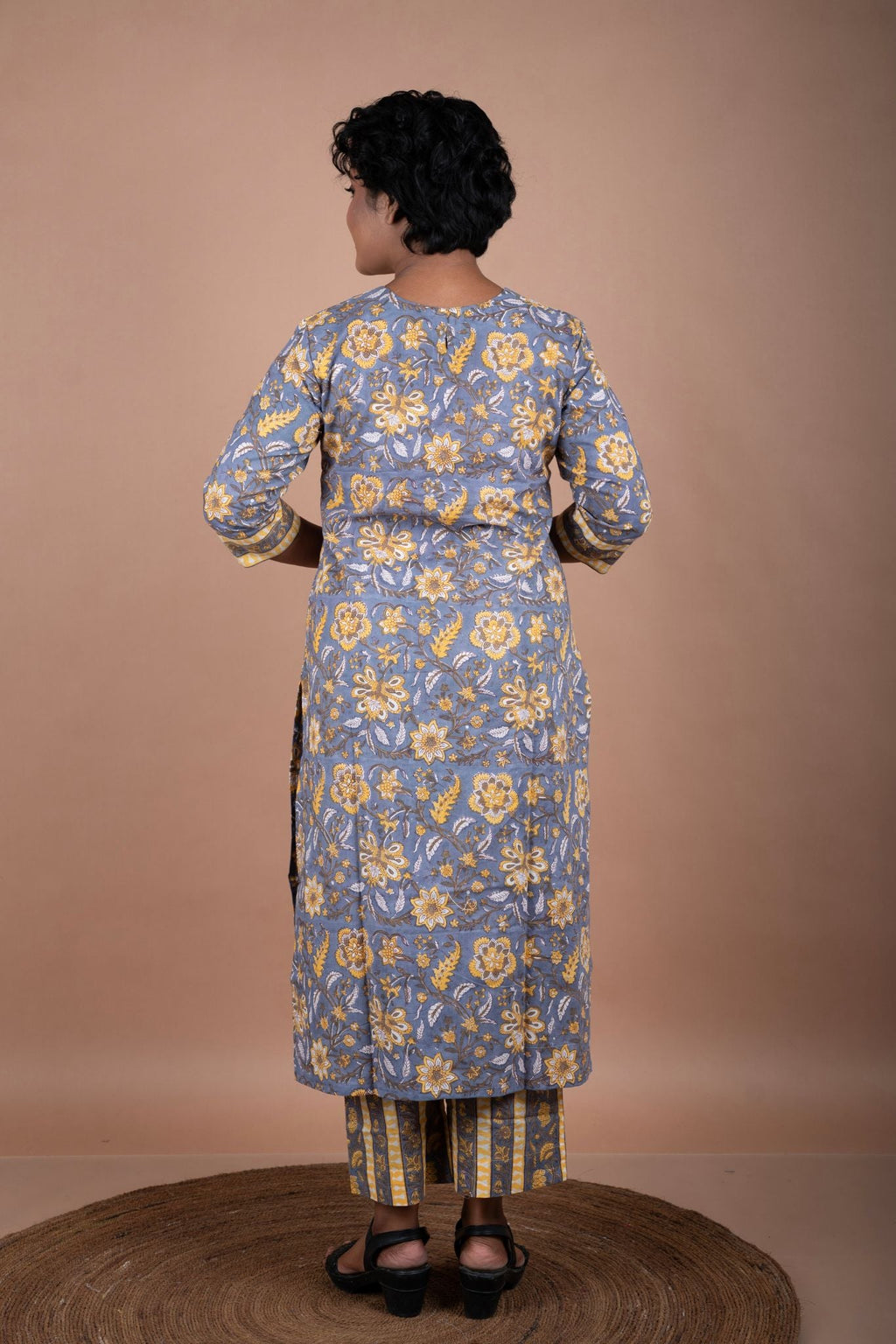 Grey & Yellow Cotton Floral Block Printed Kurta & Pant Set