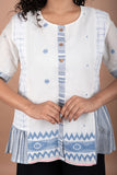 Off-White Cotton Jamdani Top – Handloom Checks & Striped Flare