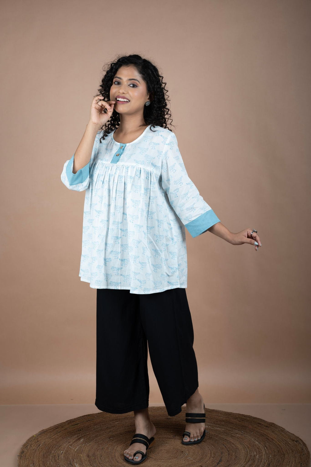 White Block Printed Cotton Top with Bird Motifs