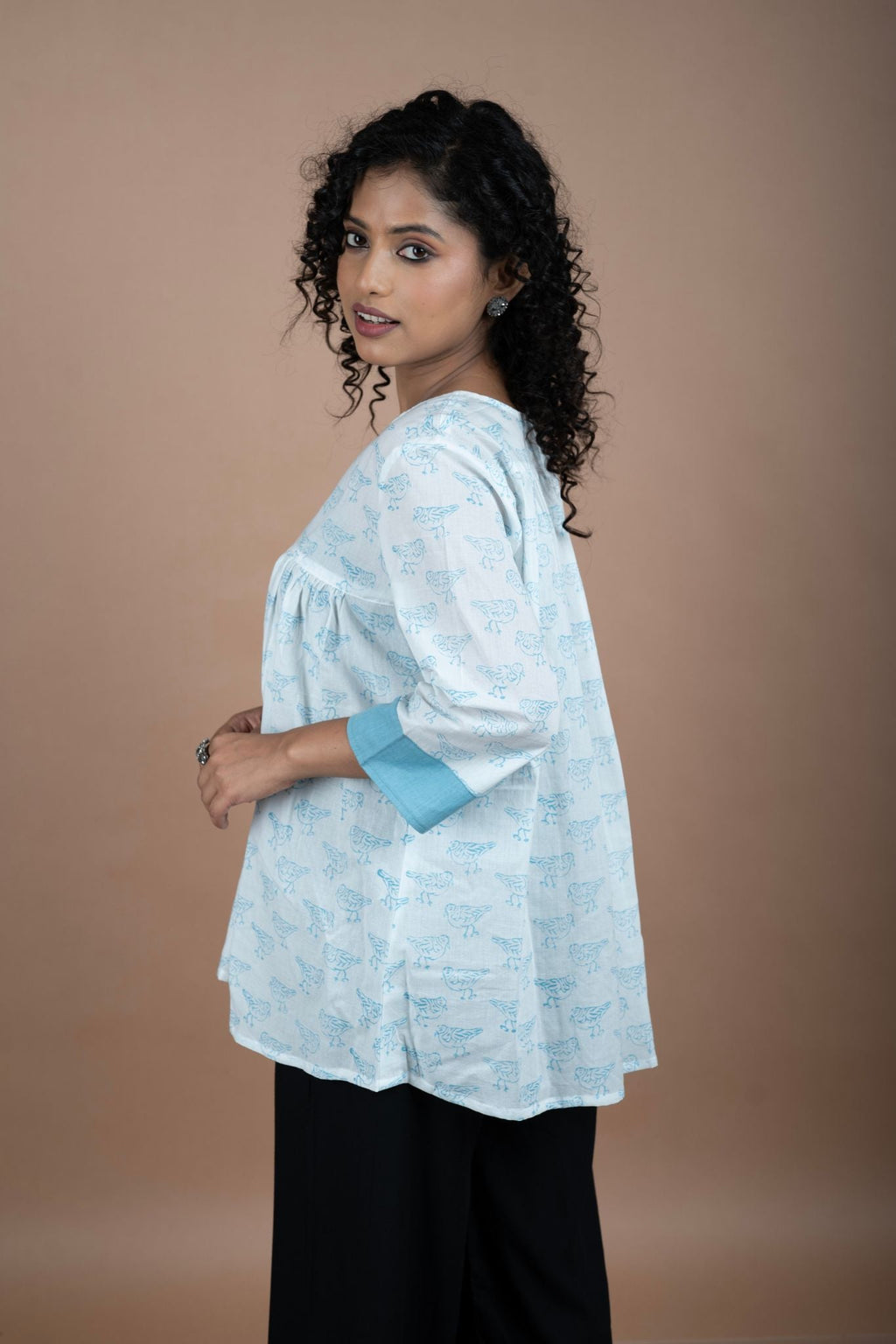 White Block Printed Cotton Top with Bird Motifs