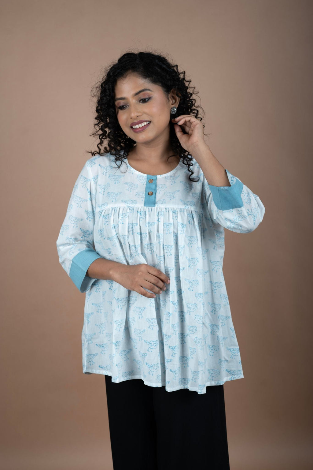 White Block Printed Cotton Top with Bird Motifs