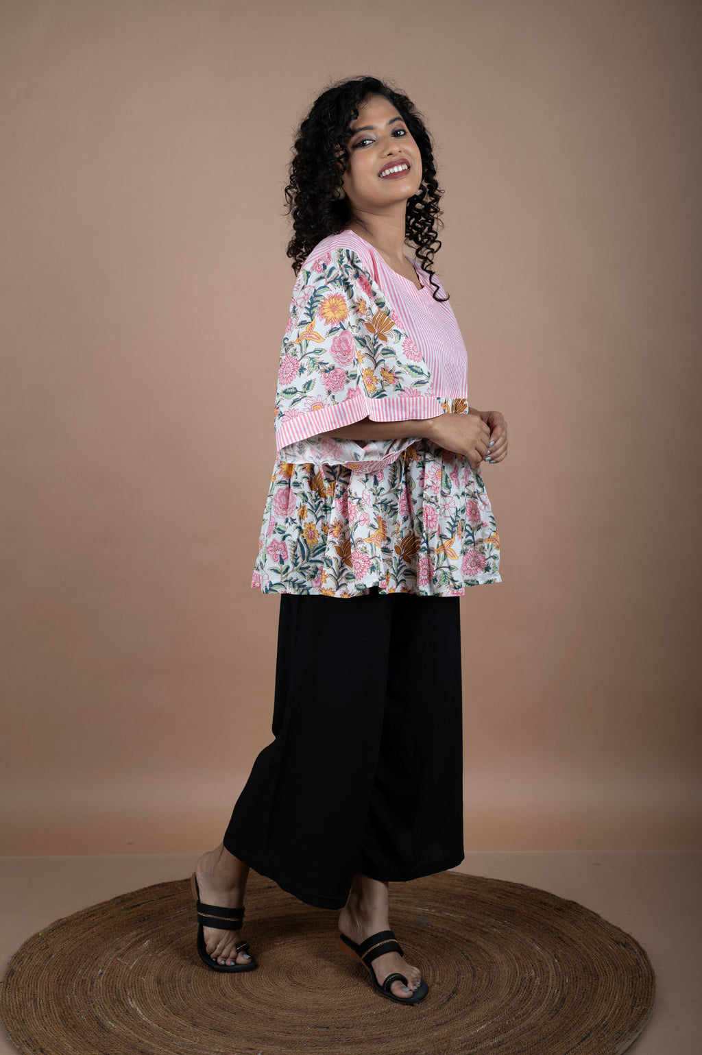 Floral Block Printed Cotton Top with Pink Striped Yoke