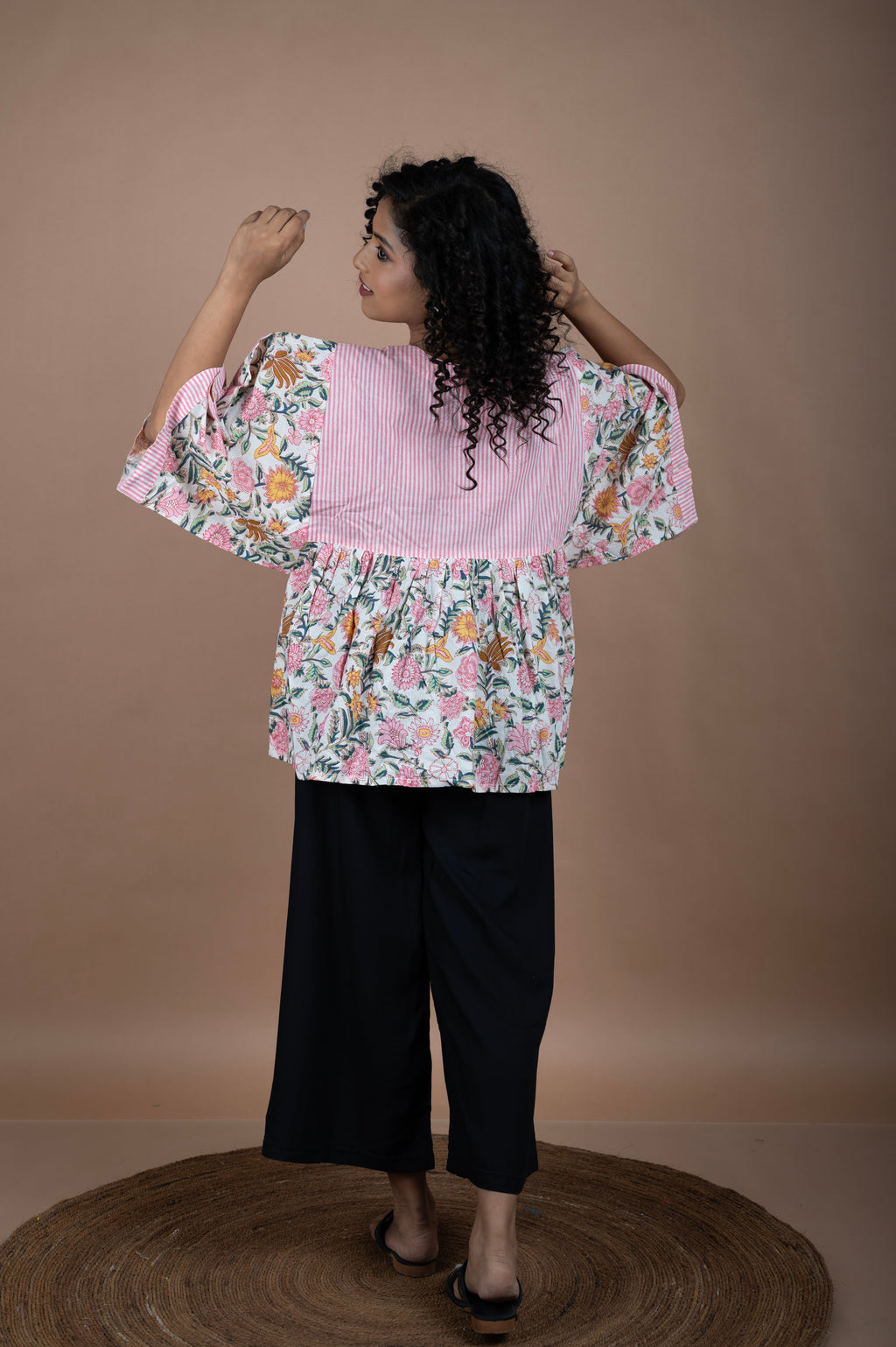 Floral Block Printed Cotton Top with Pink Striped Yoke