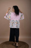 Floral Block Printed Cotton Top with Pink Striped Yoke
