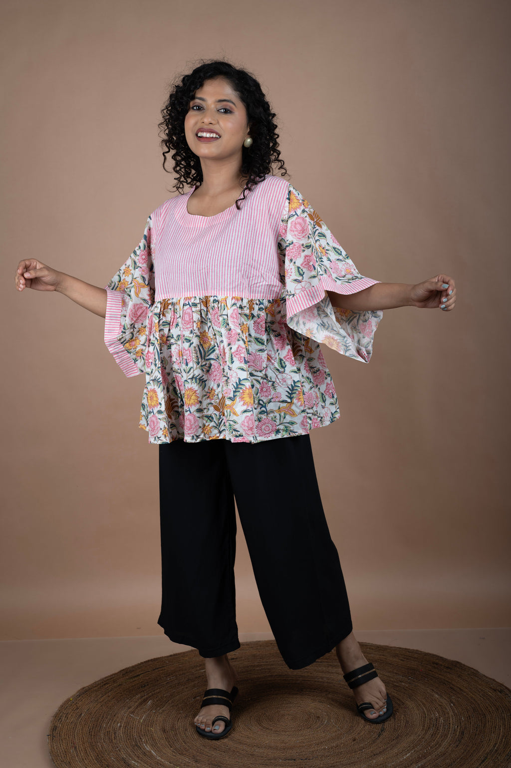 Floral Block Printed Cotton Top with Pink Striped Yoke