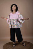 Floral Block Printed Cotton Top with Pink Striped Yoke