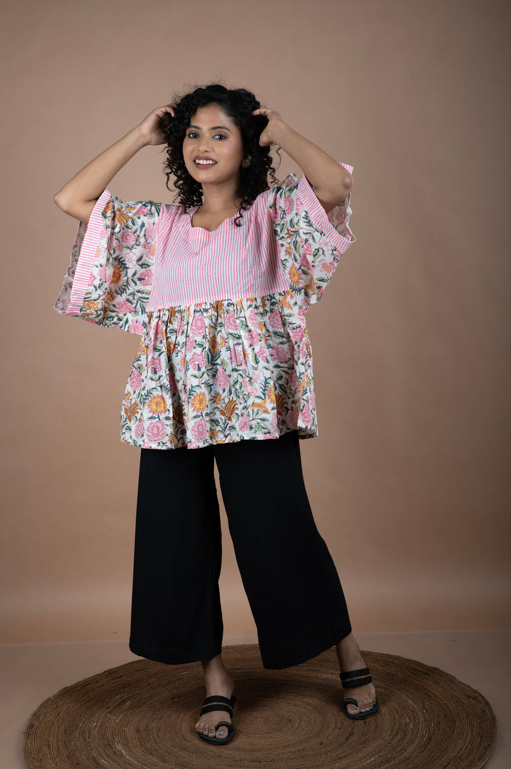 Floral Block Printed Cotton Top with Pink Striped Yoke