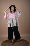 Floral Block Printed Cotton Top with Pink Striped Yoke