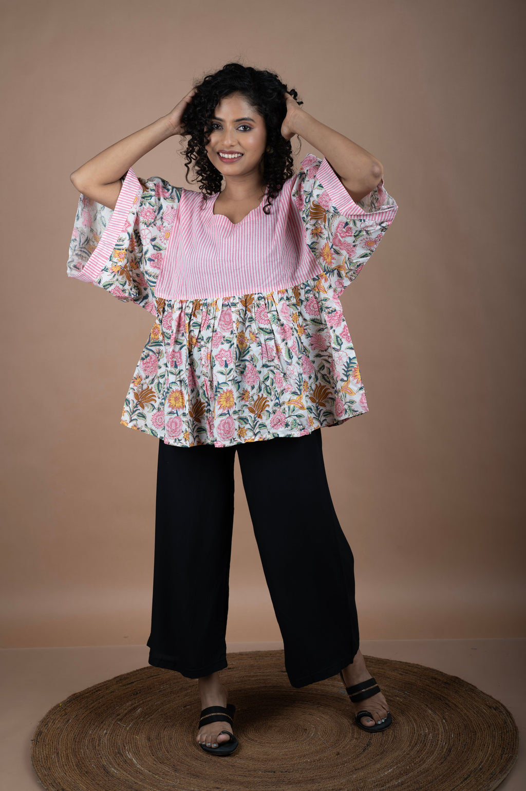 Floral Block Printed Cotton Top with Pink Striped Yoke