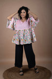 Floral Block Printed Cotton Top with Pink Striped Yoke