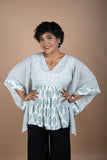 Grey Block Print & Handloom Cotton Fusion Kaftan – Short Kurti Style