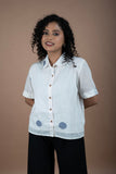 Off-White Cotton Jamdani Shirt – Blue Polka Dots Print