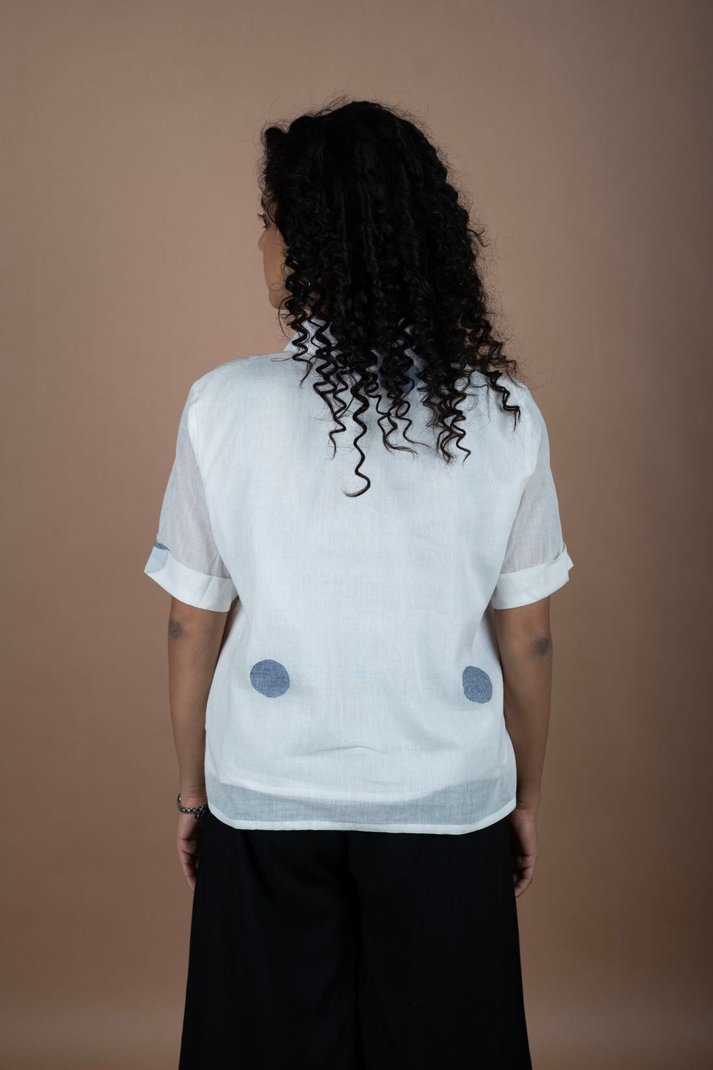 Off-White Cotton Jamdani Shirt – Blue Polka Dots Print