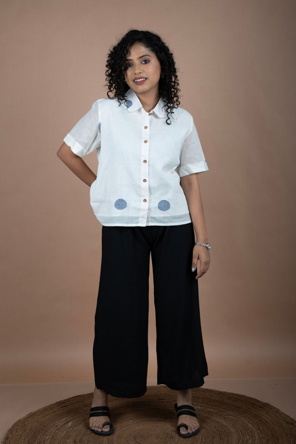 Off-White Cotton Jamdani Shirt – Blue Polka Dots Print