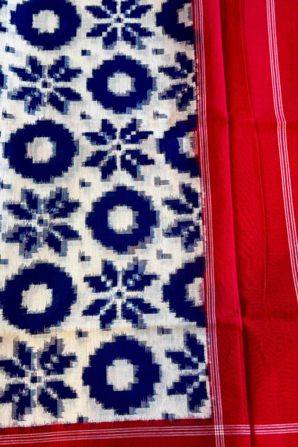 Handwoven Ikkat Telia Cotton Dupatta – Blue Body with Red Border