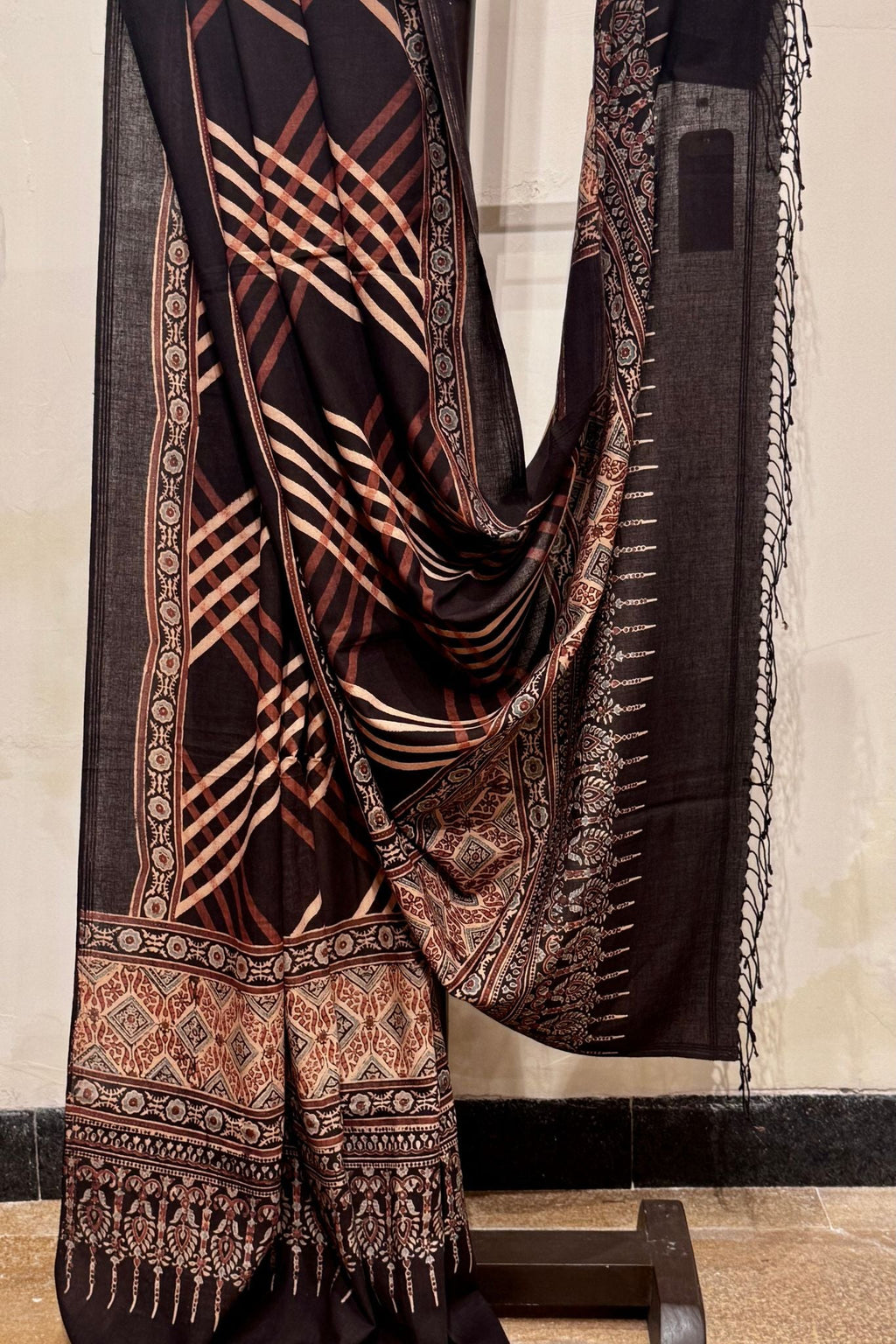 Handloom Ajrakh Cotton Dupatta – Black with Ajrakh Print Borders