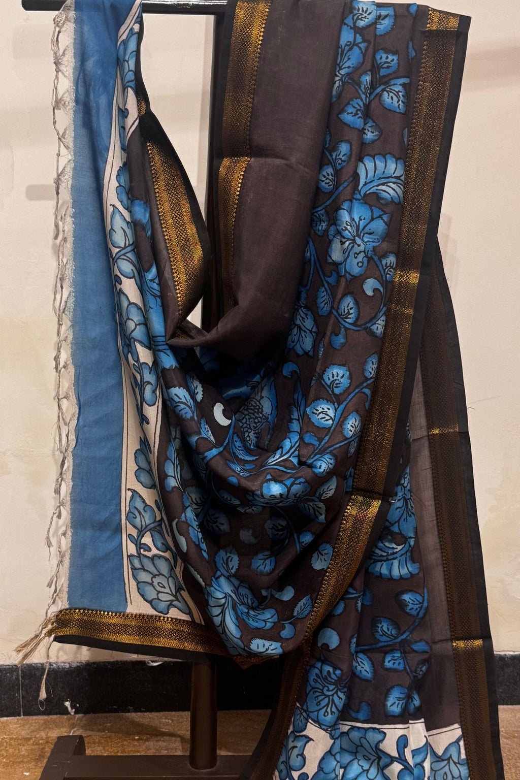 Handwoven Silk Dupatta – Brown Base with Blue Floral Motifs