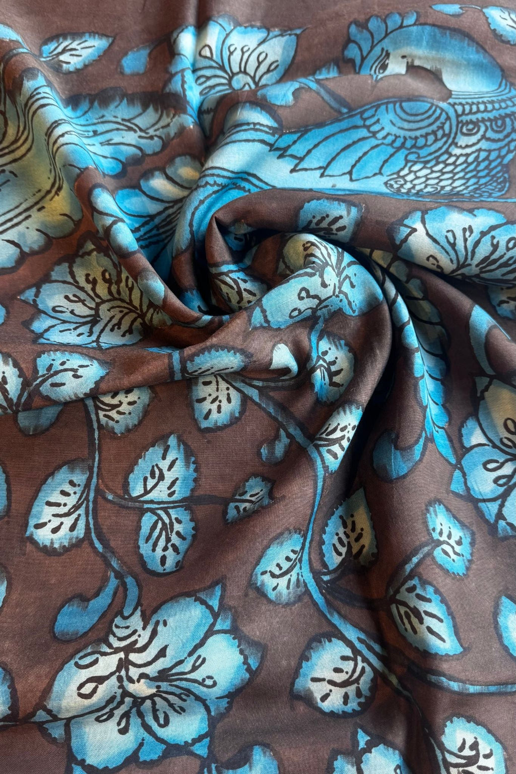 Handwoven Silk Dupatta – Brown Base with Blue Floral Motifs