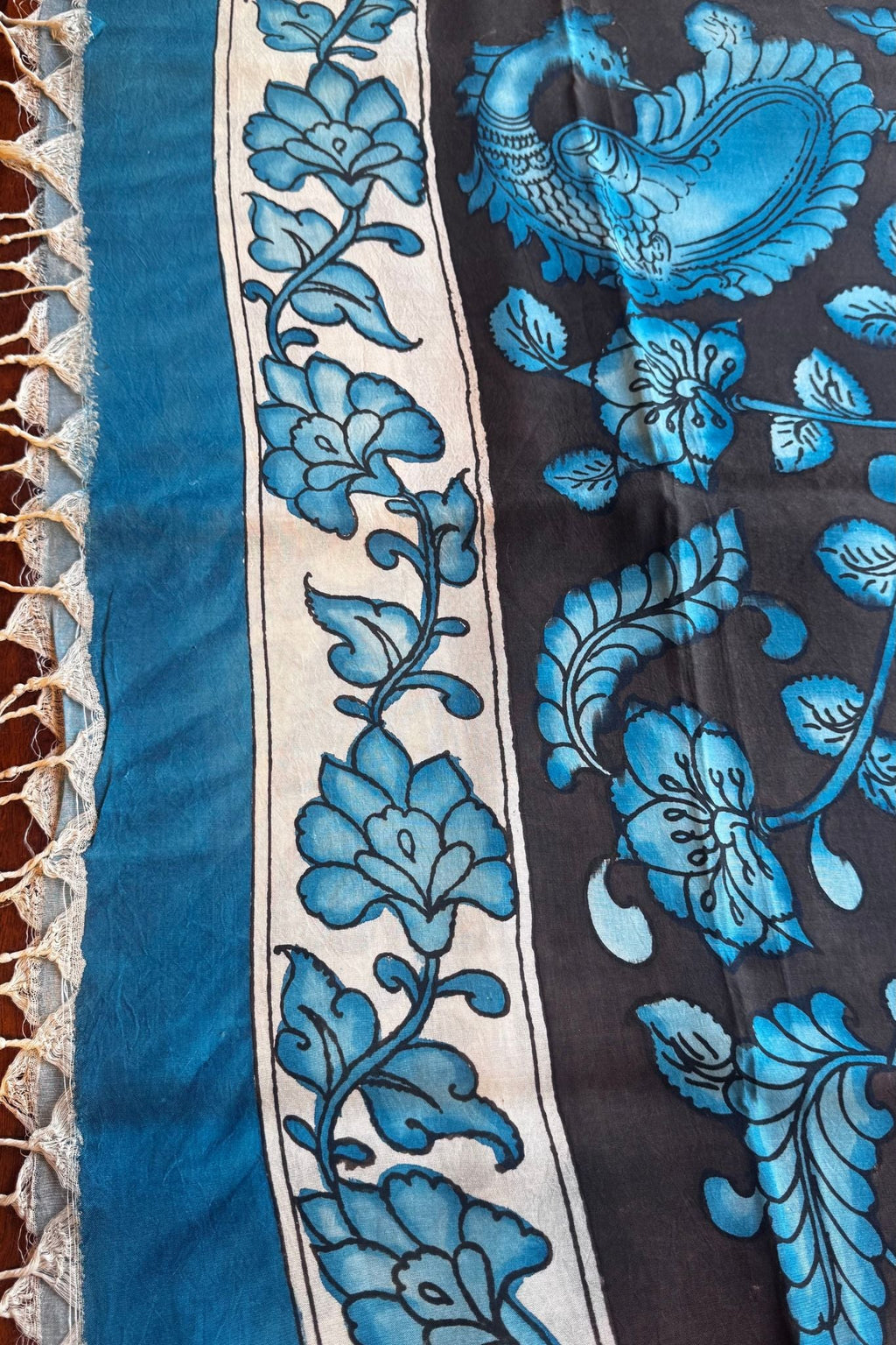 Handwoven Silk Dupatta – Brown Base with Blue Floral Motifs