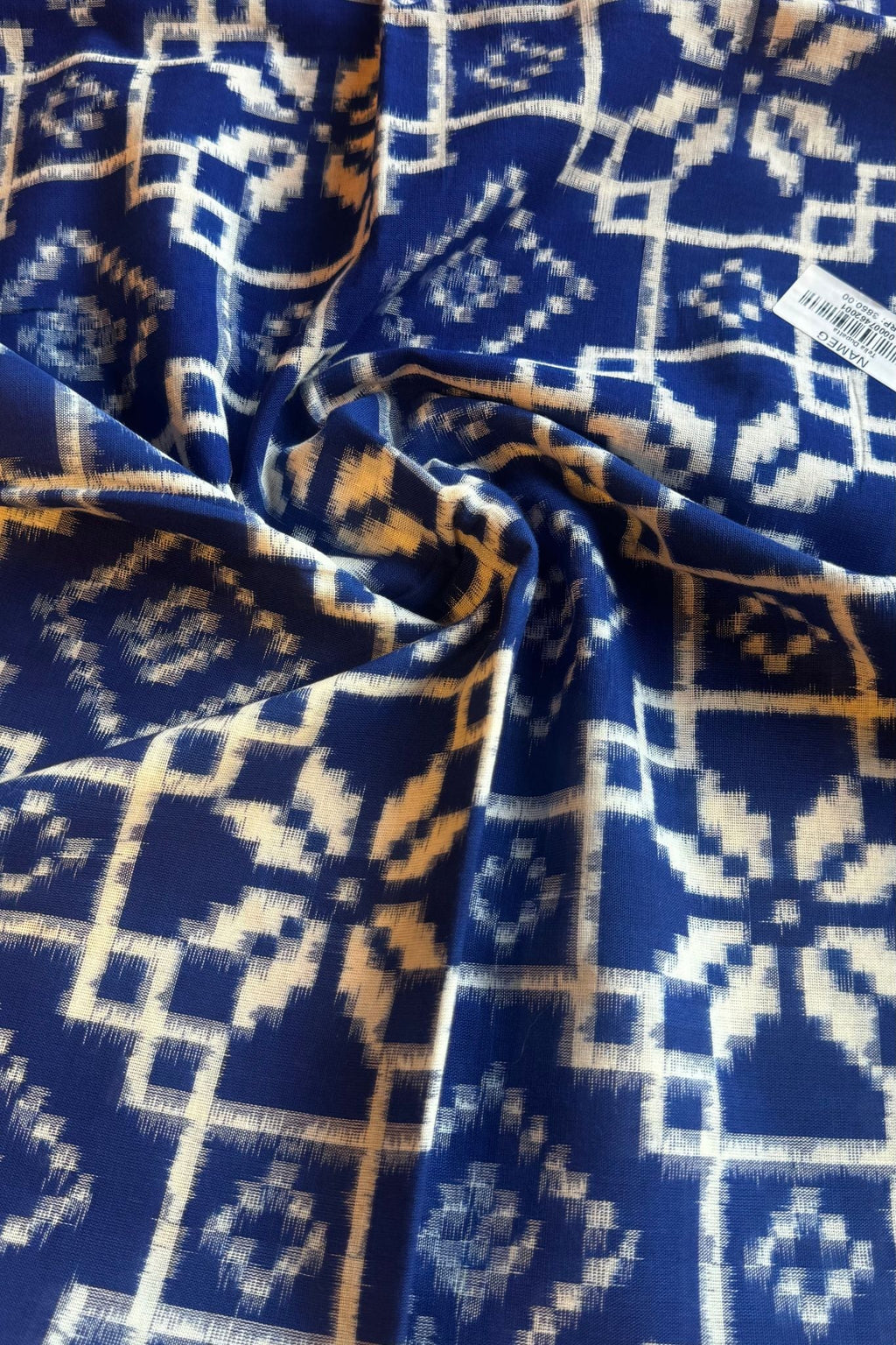 Ikkat Telia Cotton Dupatta with Red Border and Blue Geometric Motifs