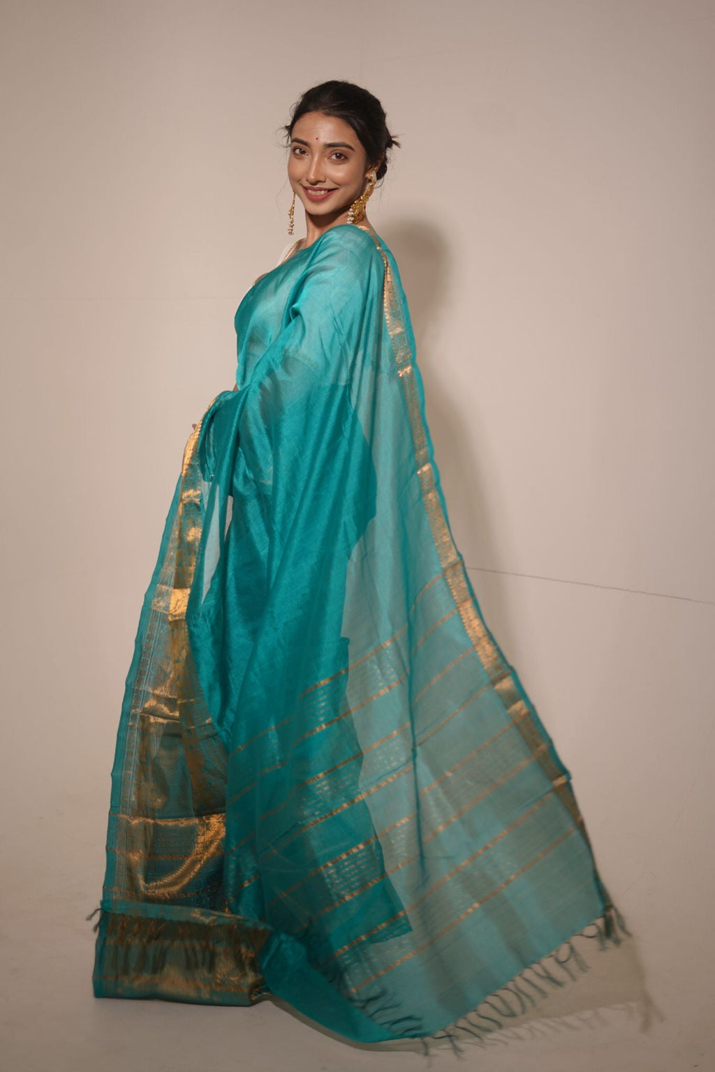 Teal Green Cotton Silk Handloom Saree
