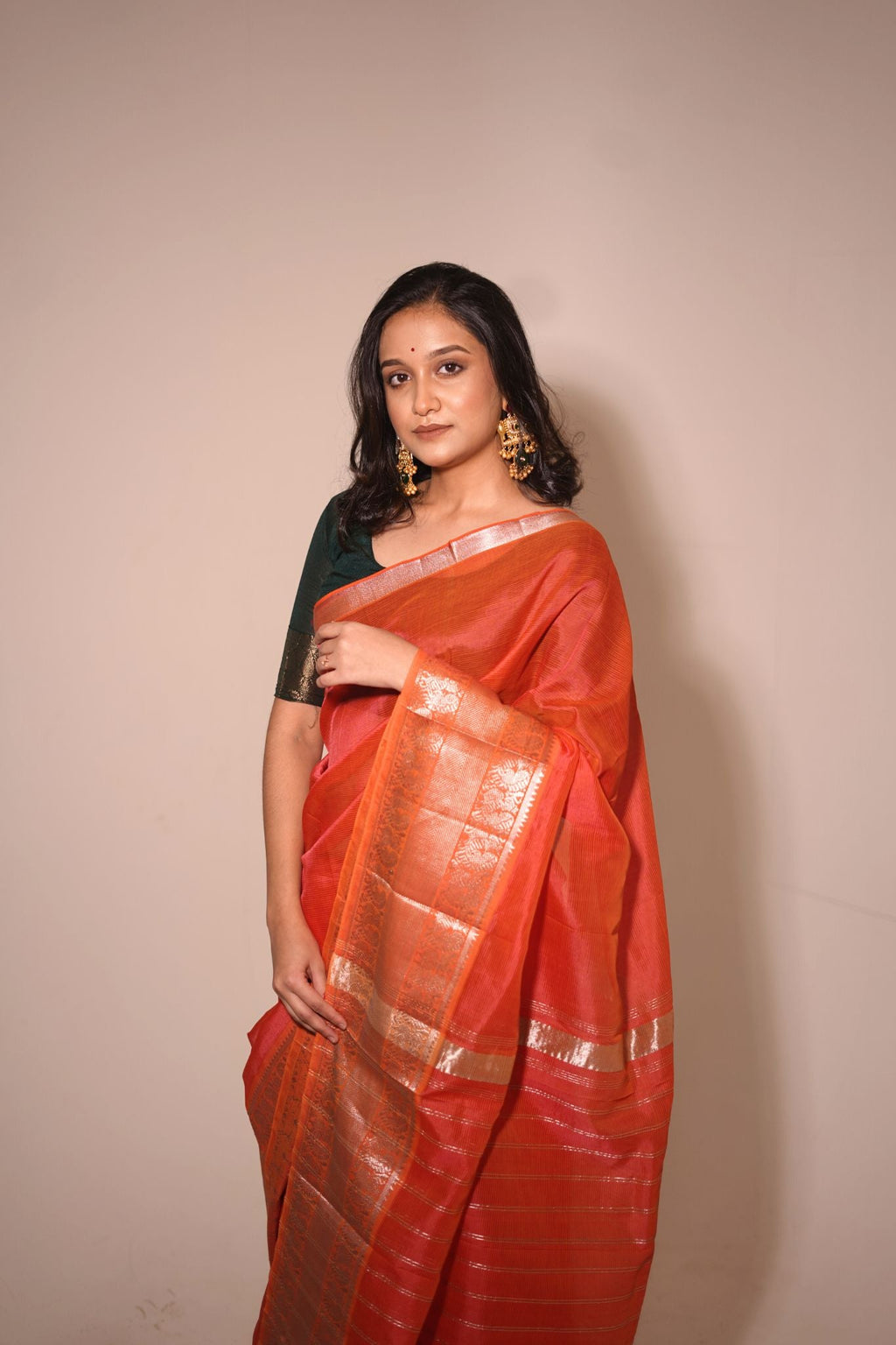 Orange Cotton Silk Handwoven Saree with Zari Border