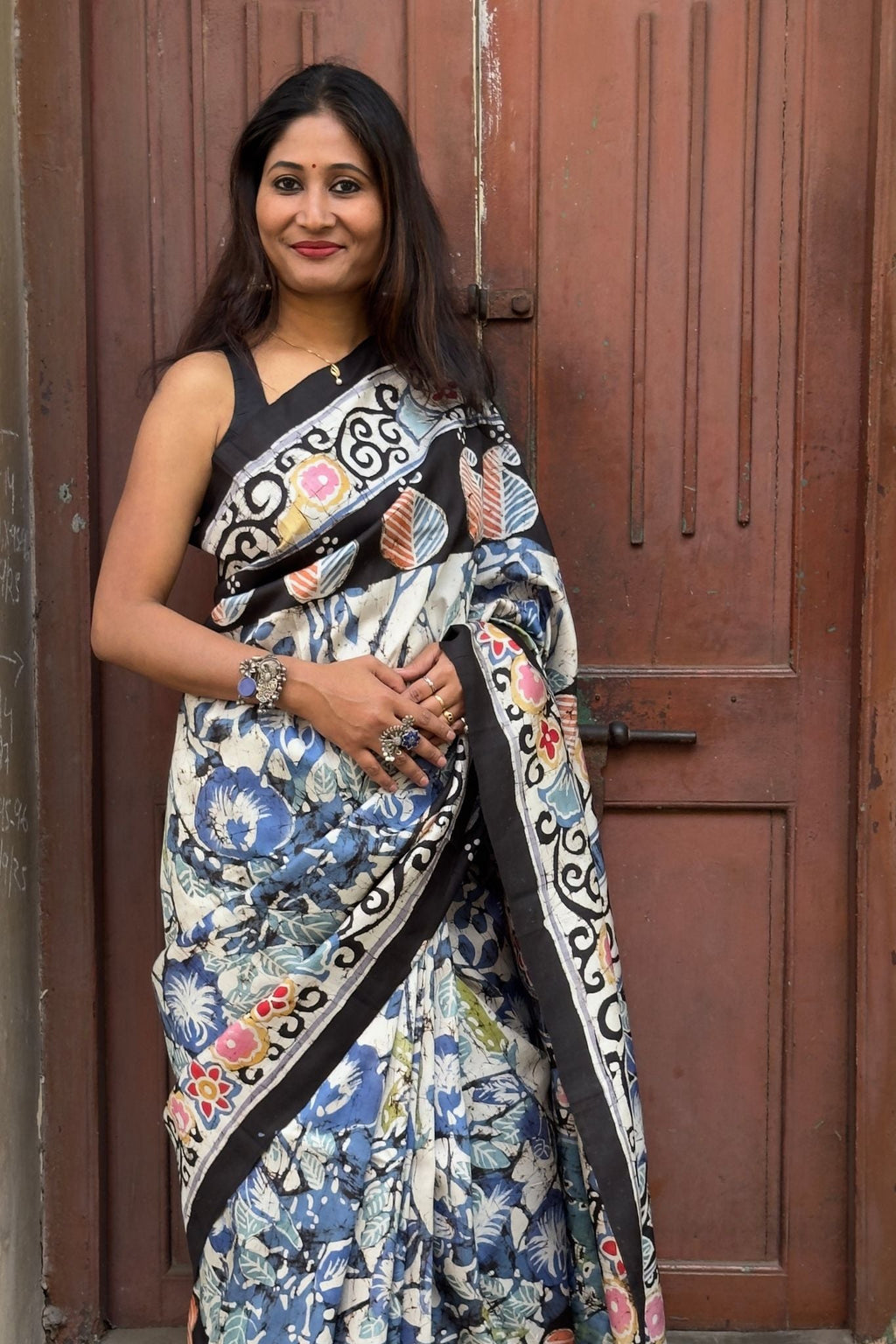 Batik Silk Saree with Multicolour Floral Work