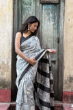 Handwoven Mulberry Silk Batik Saree with Geometric Pattern