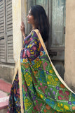 Hand-Painted Cotton Kalamkari Saree | Purple Kalamkari Saree with Green Pallu