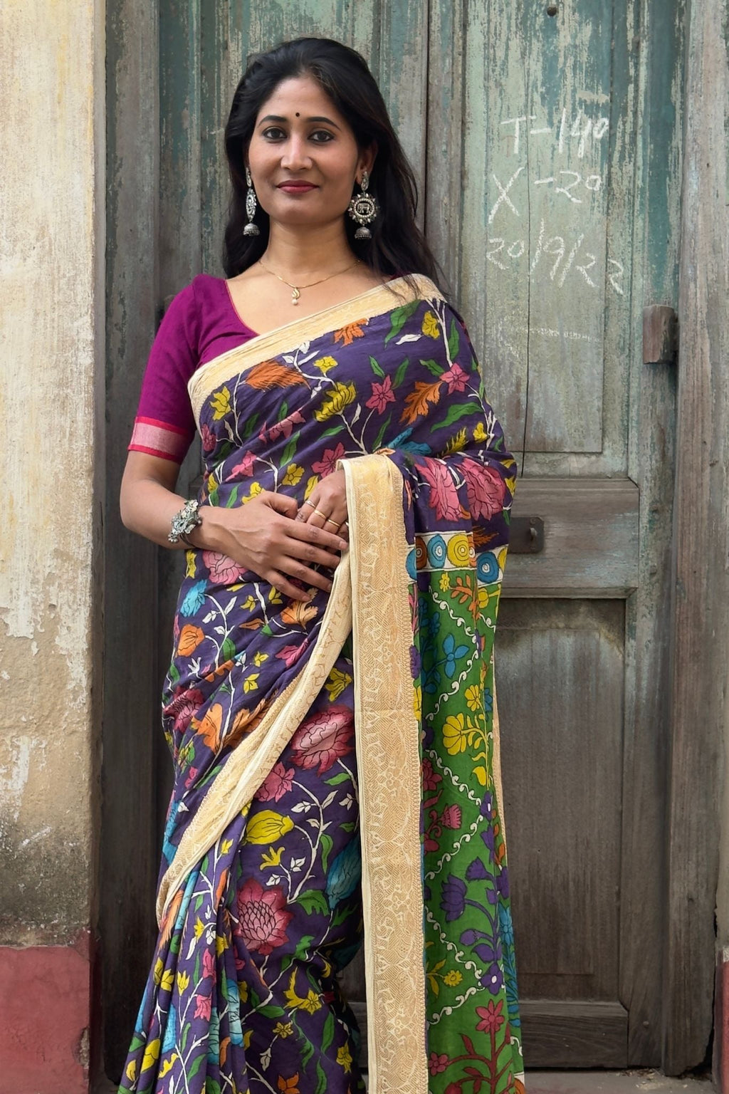 Hand-Painted Cotton Kalamkari Saree | Purple Kalamkari Saree with Green Pallu