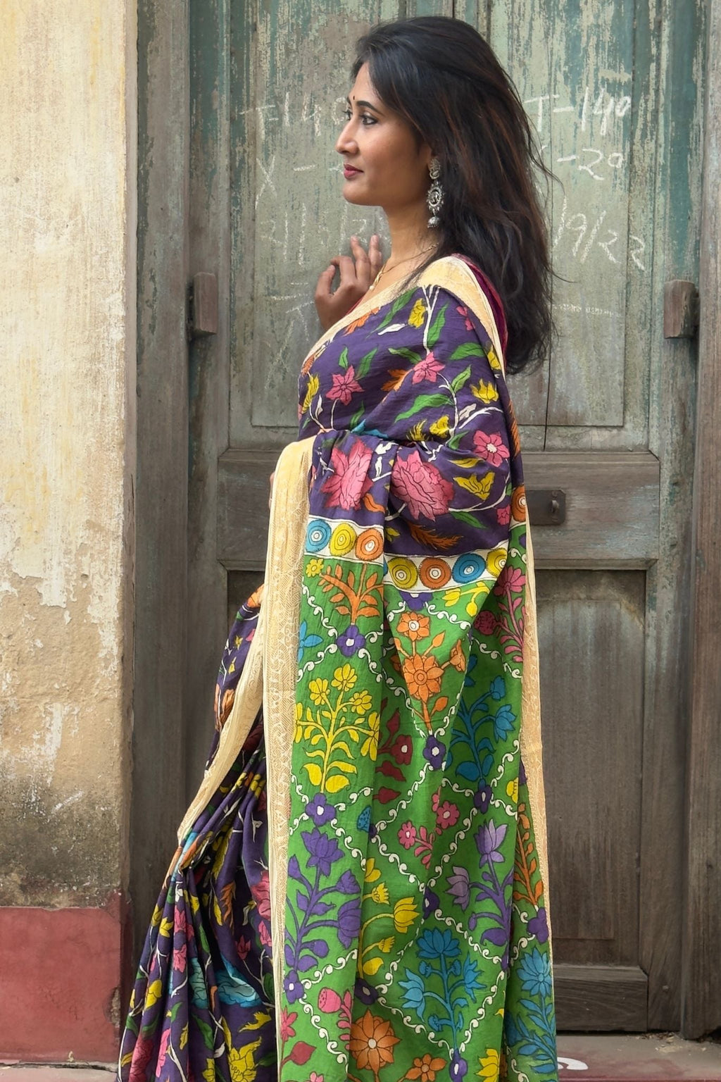 Hand-Painted Cotton Kalamkari Saree | Purple Kalamkari Saree with Green Pallu
