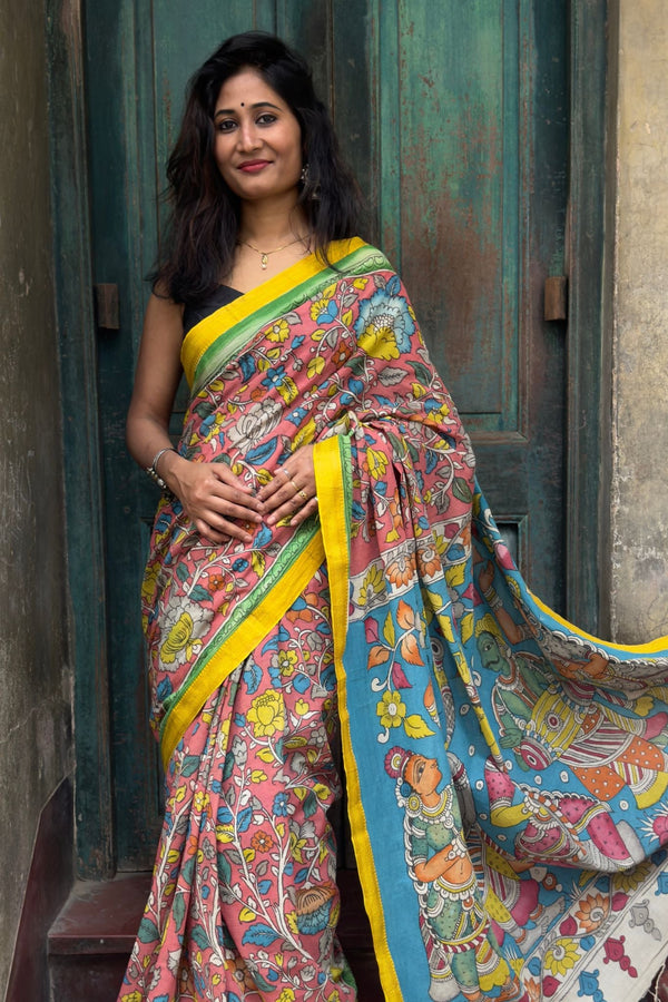 Hand-Painted Cotton Kalamkari Saree | Red Floral Kalamkari Saree with Blue Pallu
