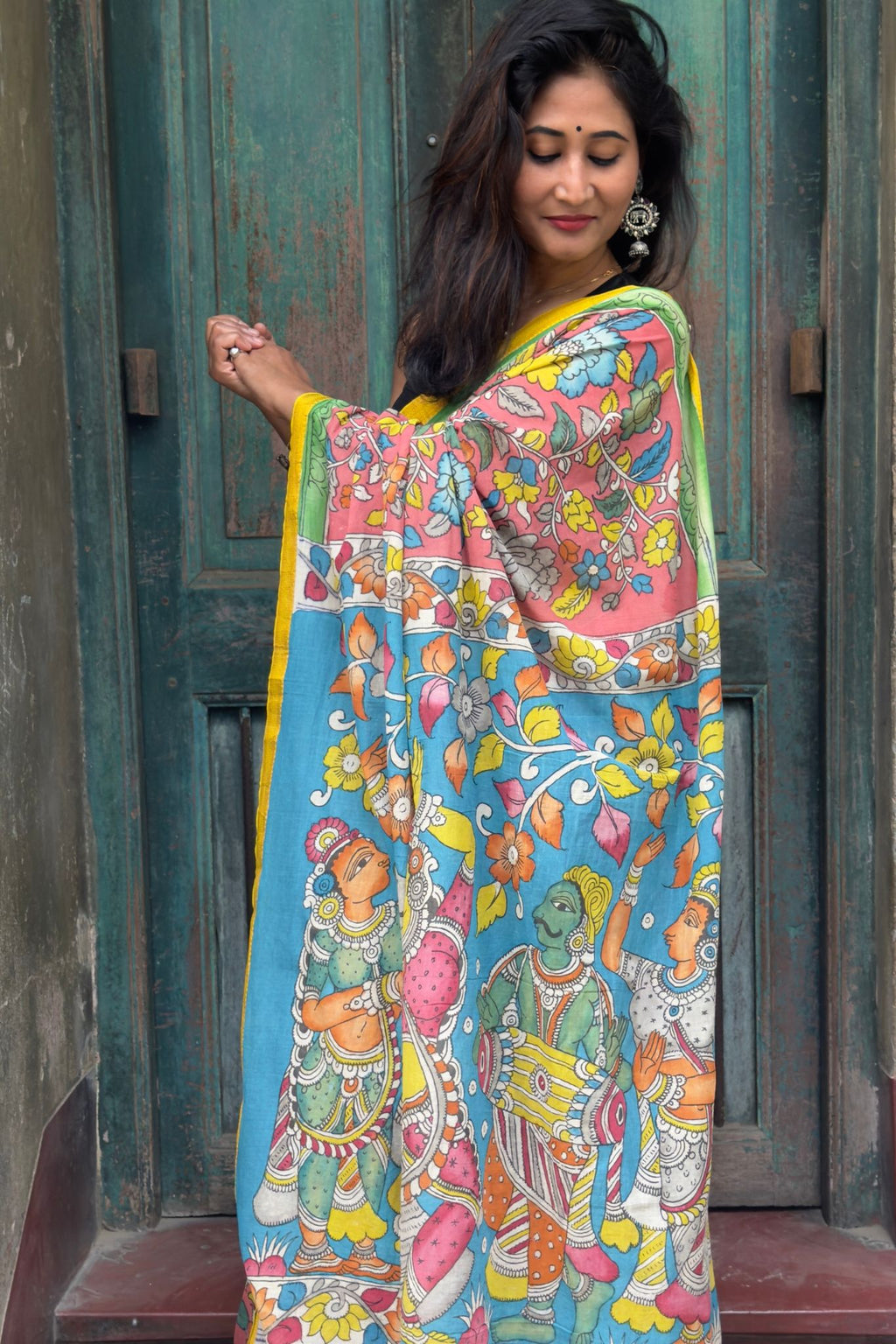 Hand-Painted Cotton Kalamkari Saree | Red Floral Kalamkari Saree with Blue Pallu