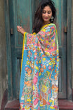 Hand-Painted Cotton Kalamkari Saree | Red Floral Kalamkari Saree with Blue Pallu
