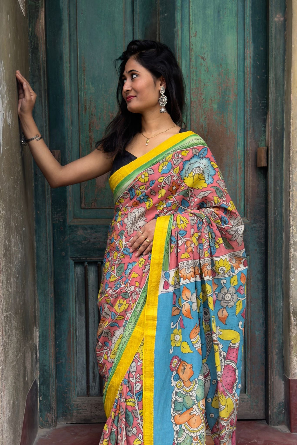 Hand-Painted Cotton Kalamkari Saree | Red Floral Kalamkari Saree with Blue Pallu