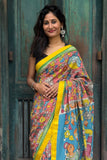 Hand-Painted Cotton Kalamkari Saree | Red Floral Kalamkari Saree with Blue Pallu