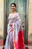 Mauve Cotton Silk Handwoven Saree with Pink Pallu