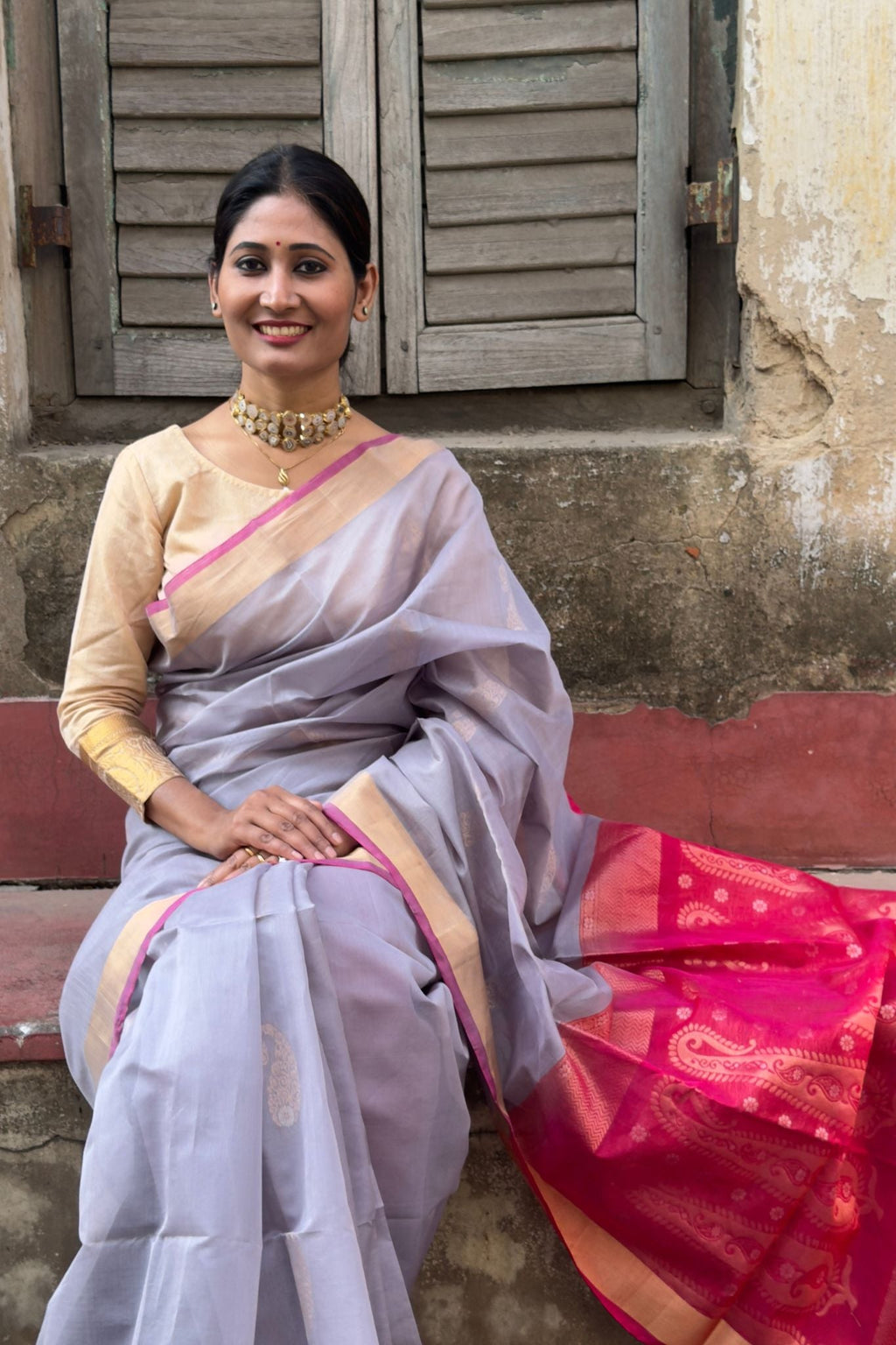 Mauve Cotton Silk Handwoven Saree with Pink Pallu