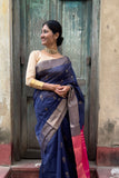 Blue Cotton Silk Handwoven Saree with Pink Pallu