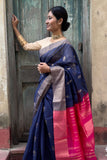 Blue Cotton Silk Handwoven Saree with Pink Pallu