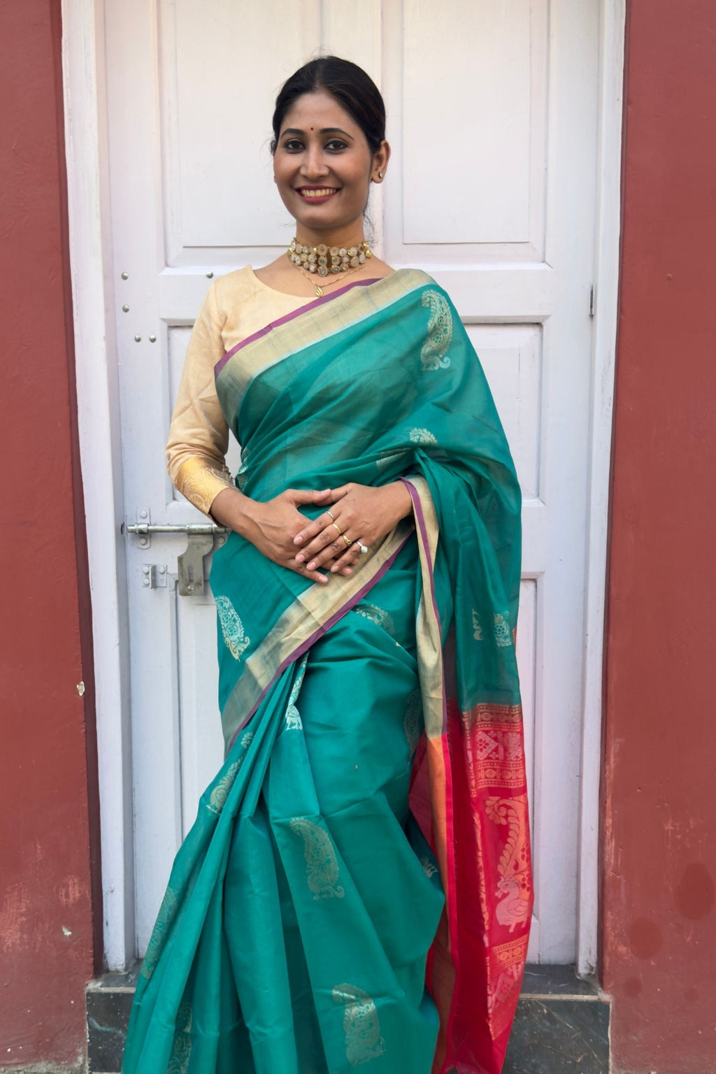 Green Cotton Silk Handwoven Saree with Red Pallu