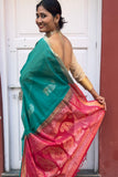 Green Cotton Silk Handwoven Saree with Red Pallu
