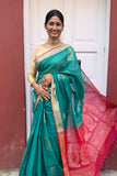 Green Cotton Silk Handwoven Saree with Red Pallu