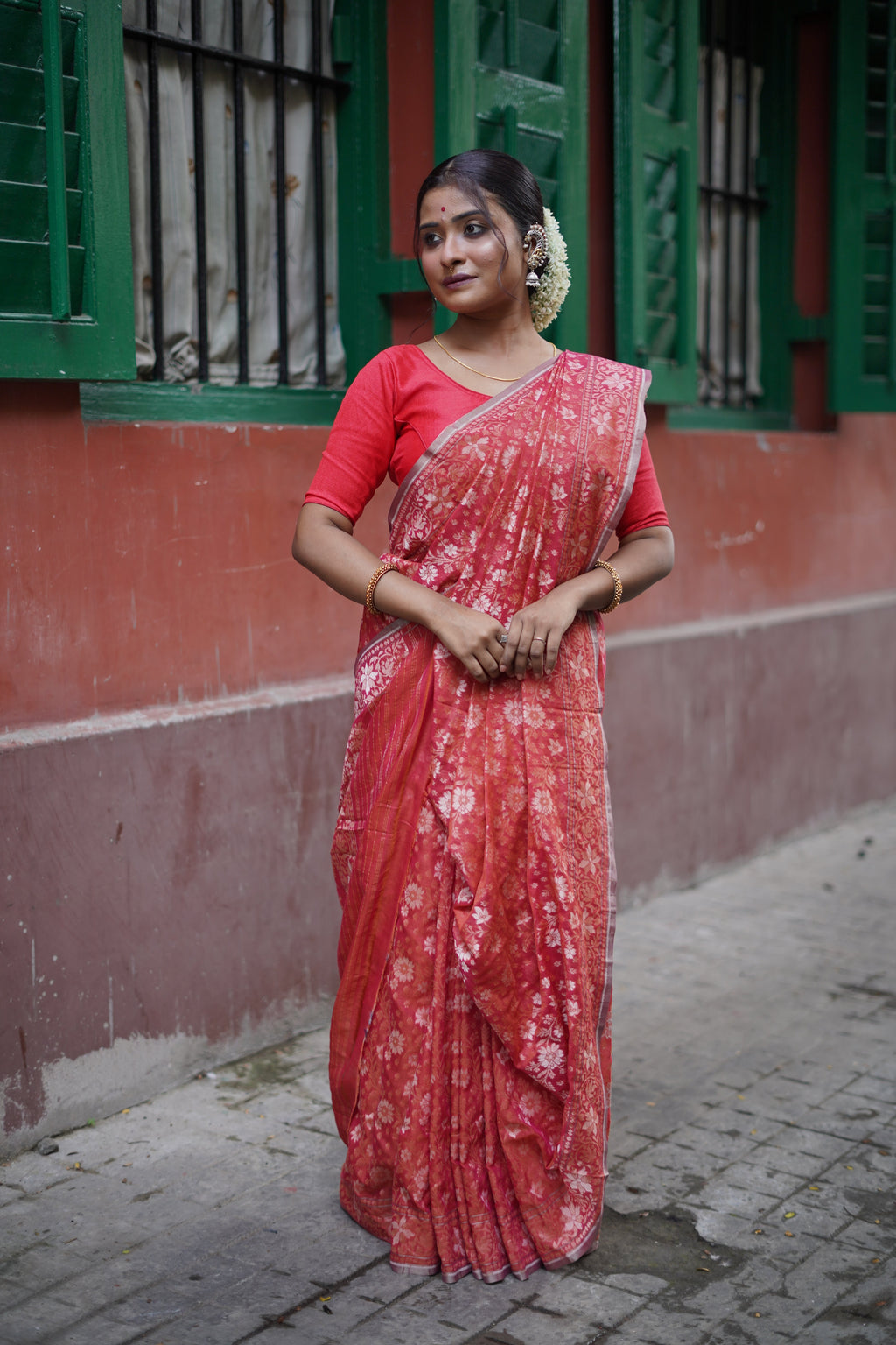 Red Cotton Banarasi Jamdani Saree | Jacquard Woven Floral Handloom Saree