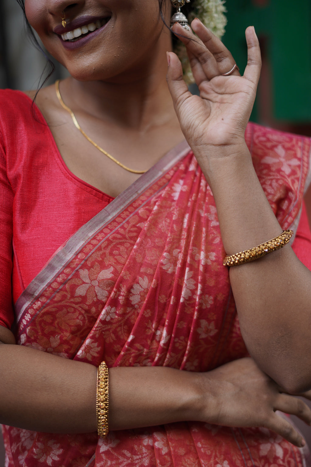 Red Cotton Banarasi Jamdani Saree | Jacquard Woven Floral Handloom Saree