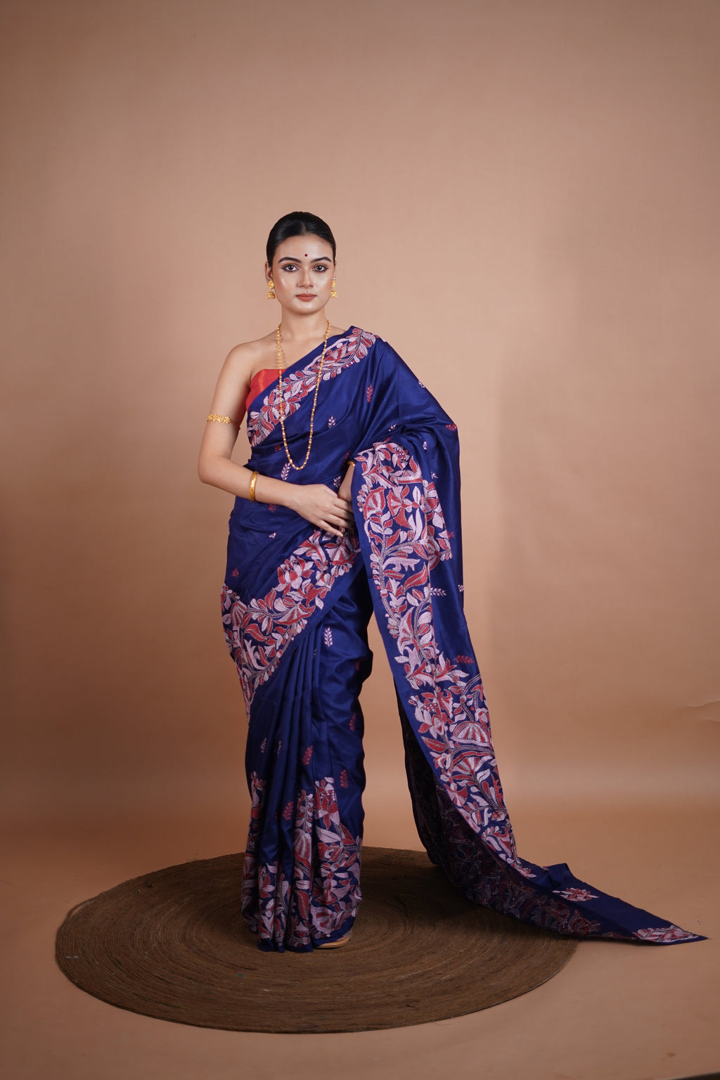 Royal Blue Kantha Silk Saree with Hand Embroidery