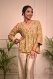 Yellow Floral Handblock Print Cotton Kurti for Women
