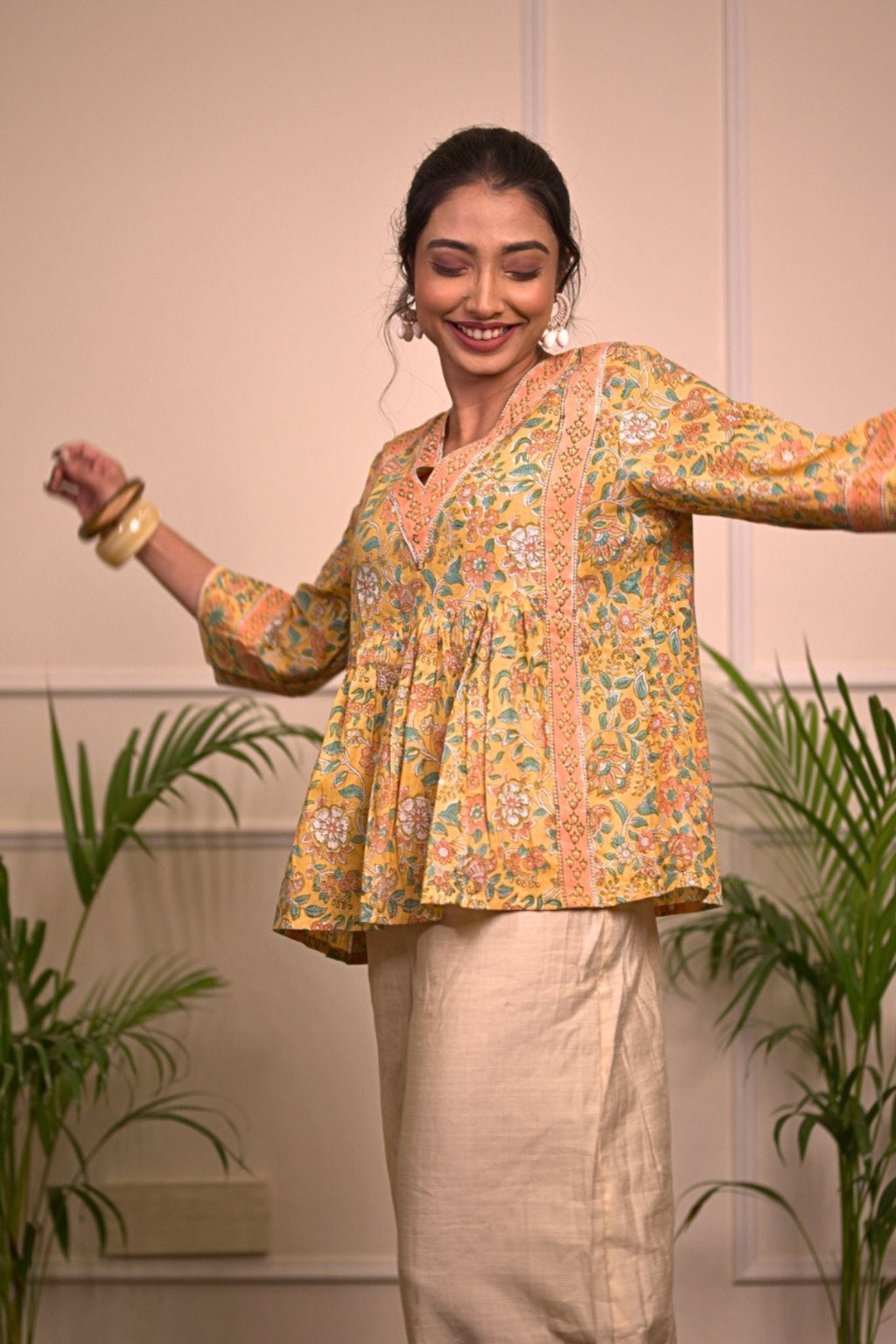 Yellow Floral Handblock Print Cotton Kurti for Women